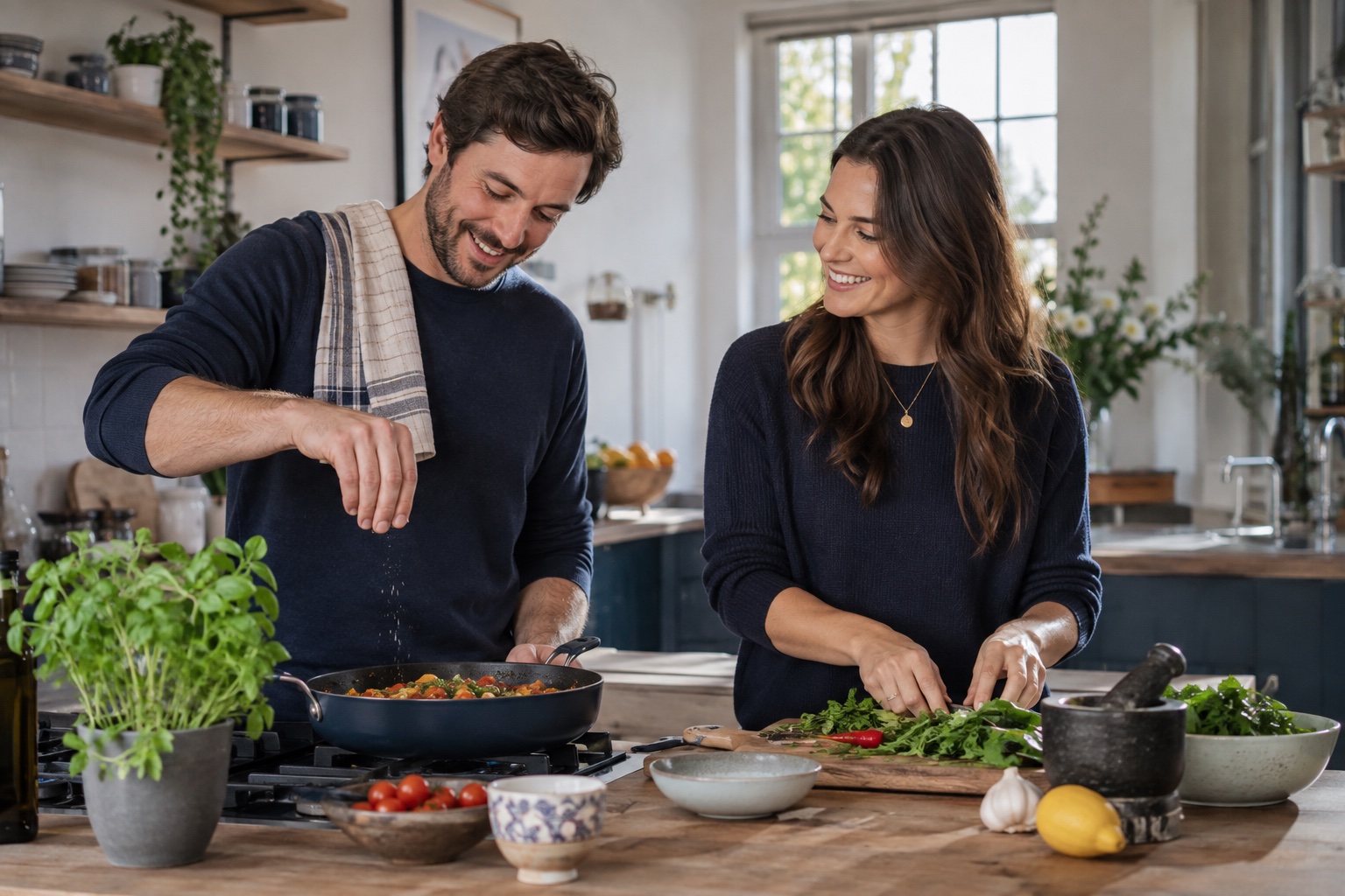 A couple enjoying cooking together at home